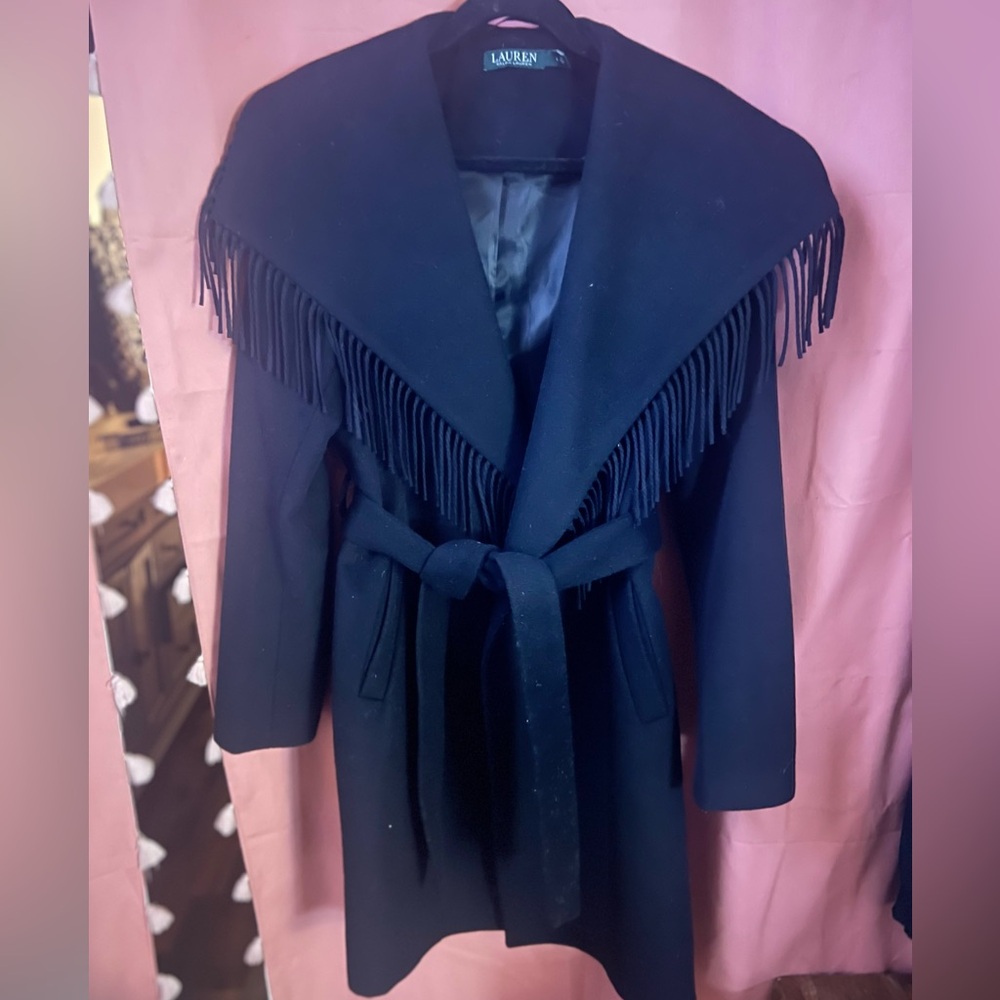 Lauren by Ralph Lauren Fringe Wool-Blend Wrap Coat size Large